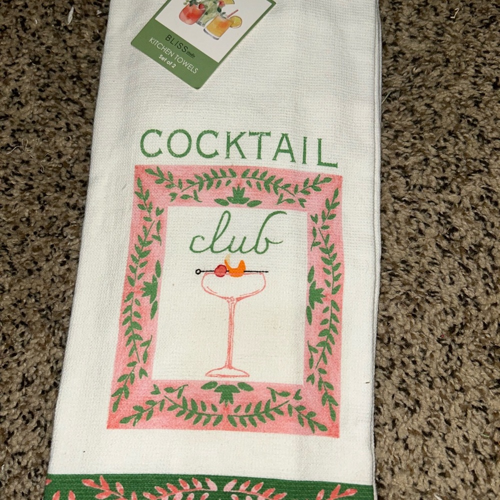 Bliss Cocktail Club Kitchen Towels White and Green (Set of 2)